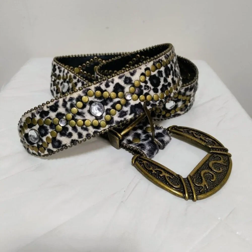 NWOT Calf Hair Embellished Rhinestone Studded Punk Y2K Rocker Waist Belt S / M - Picture 1 of 9